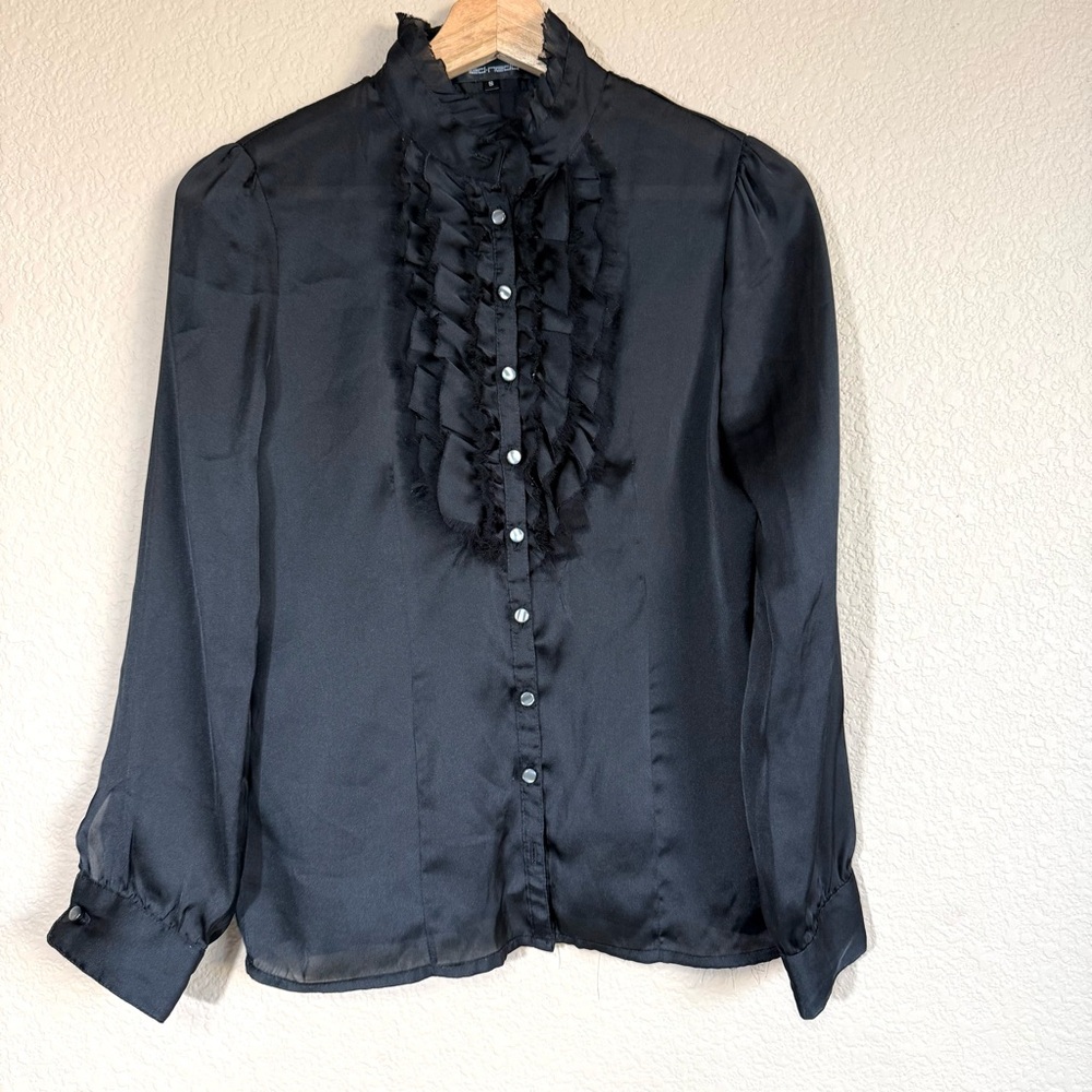 Women's Black Ruffle Front Button Blouse Flowy Y2K Style Size S Whimsigoth